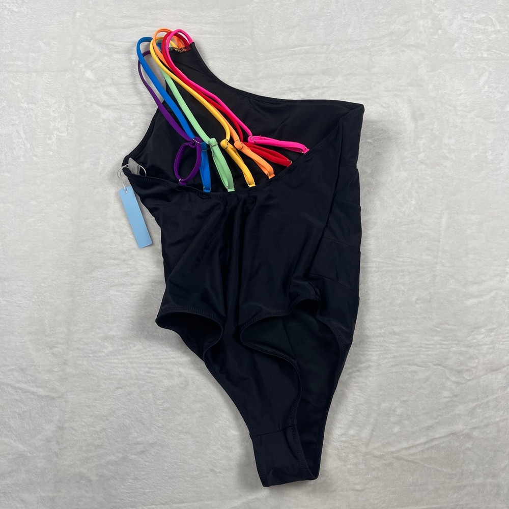 Live Life on the Beach One Shoulder Rainbow Strap Ruched Swimsuit Black Small‎ - Picture 5 of 7